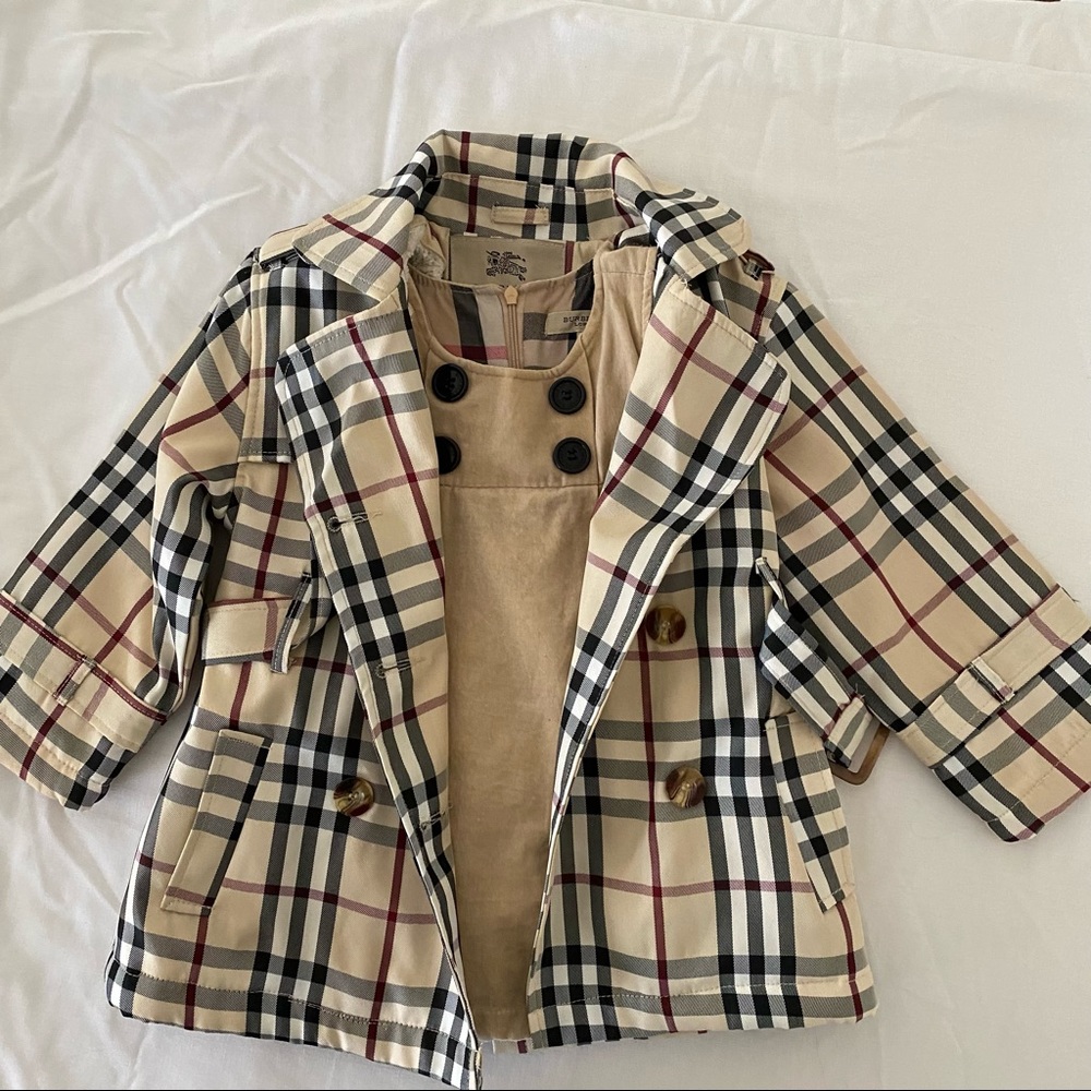 Burberry plaid trench coat & Burberry tan mini dress set